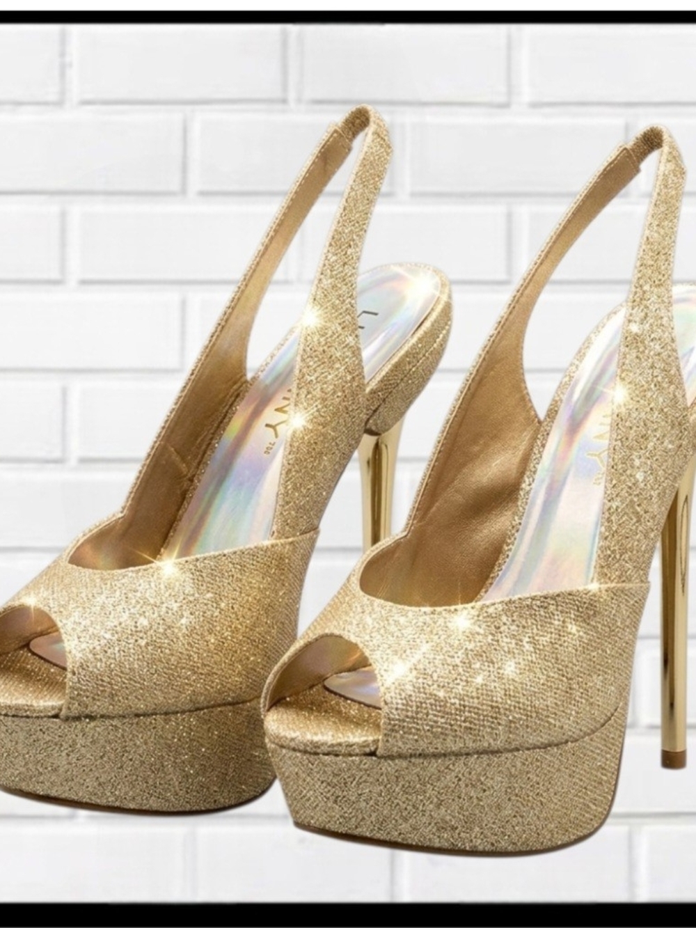 *LILIANA Gold Glitter Platform Slingback Stiletto Heels | Size 7